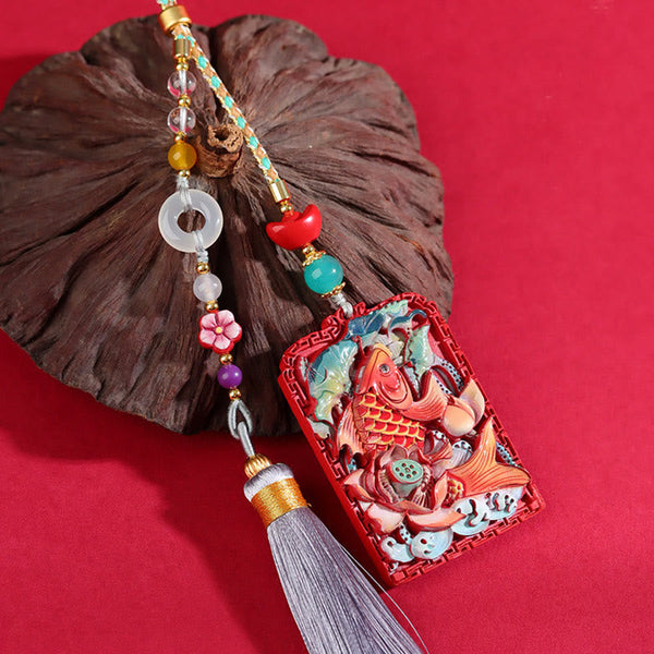 Buddha Stones Natural Cinnabar Koi Fish Lotus Design Blessing Peace Buckle Car Hanging Decoration