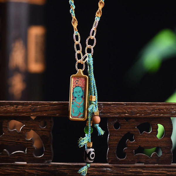 Buddha Stones Tibet God Of Wealth Titanium Steel Thangka Wealth Necklace Pendant