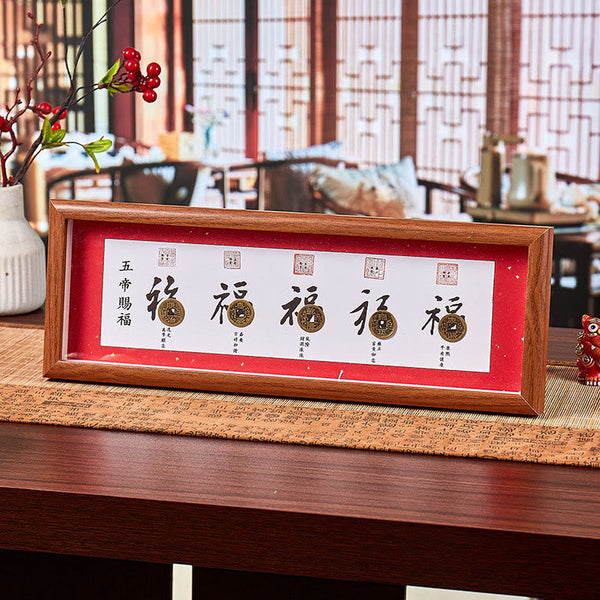 Buddha Stones Fu Character Five-Emperor Coins Lucky Fortune Photo Frame Ornament Home Decor