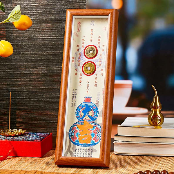 Buddha Stones Fu Character Gourd Copper Coins Photo Frame Ornament Home Decor