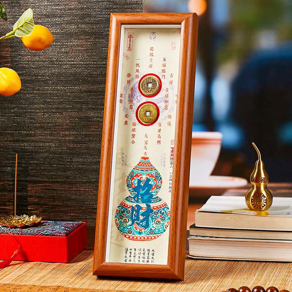 Buddha Stones Fu Character Gourd Copper Coins Photo Frame Ornament Home Decor