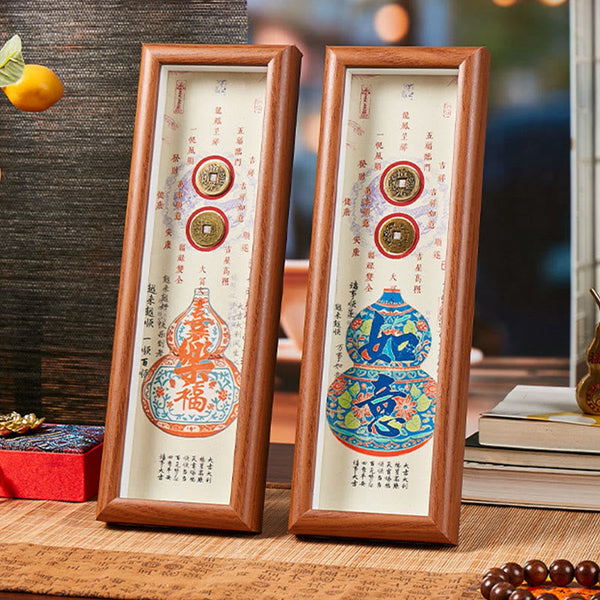 Buddha Stones Fu Character Gourd Copper Coins Photo Frame Ornament Home Decor