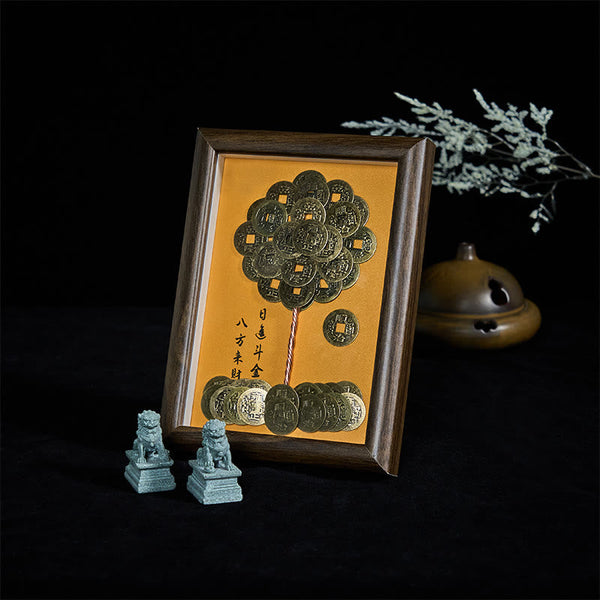 Buddha Stones Five-Emperor Coins Tree Attract Fortune Protection Photo Frame Ornament Home Decor
