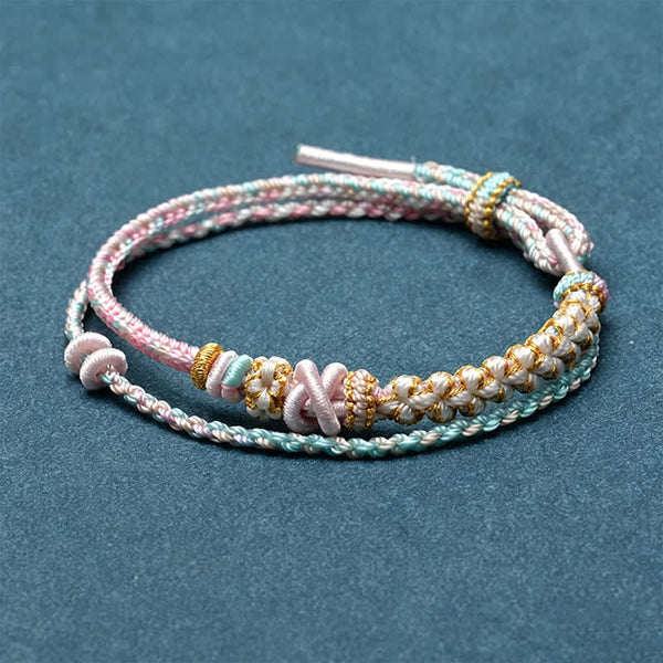 Buddha Stones Hand-Woven String Peach Blossom Knotting Connection Double Layer Bracelet