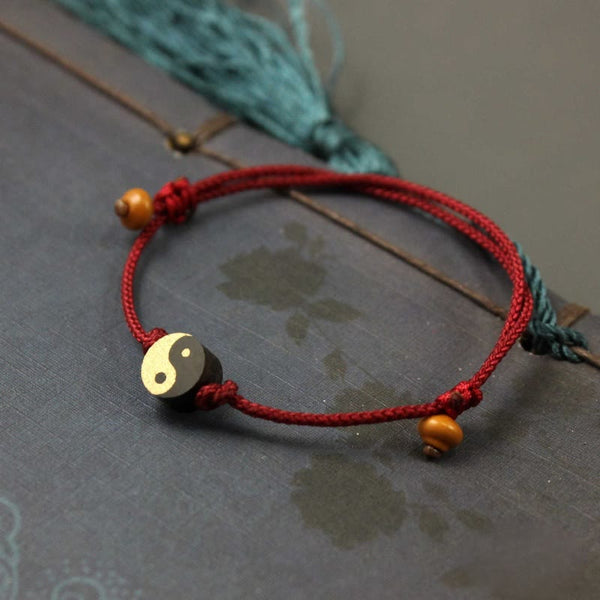 Buddha Stones Ebony Yin Yang Symbol Peace Colorful String Bracelet