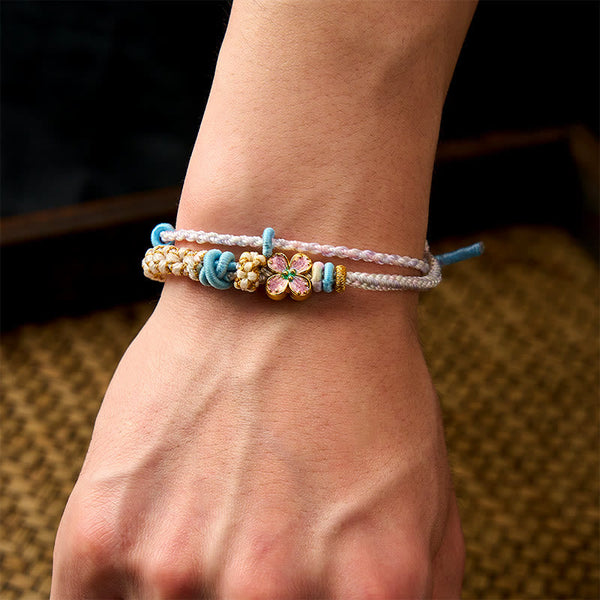 Buddha Stones Hand-Woven String Peach Blossom Knotting Connection Double Layer Bracelet