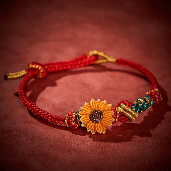 Buddha Stones Hand-Woven Red String Peach Blossom Sunflower Luck Bracelet