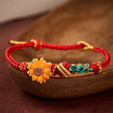 Buddha Stones Hand-Woven Red String Peach Blossom Sunflower Luck Bracelet