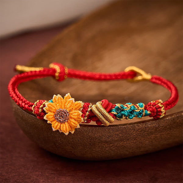 Buddha Stones Hand-Woven Red String Peach Blossom Sunflower Luck Bracelet