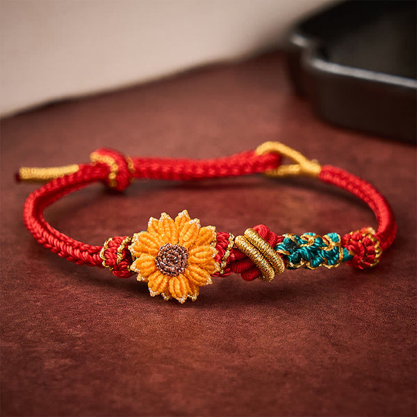 Buddha Stones Hand-Woven Red String Peach Blossom Sunflower Luck Bracelet
