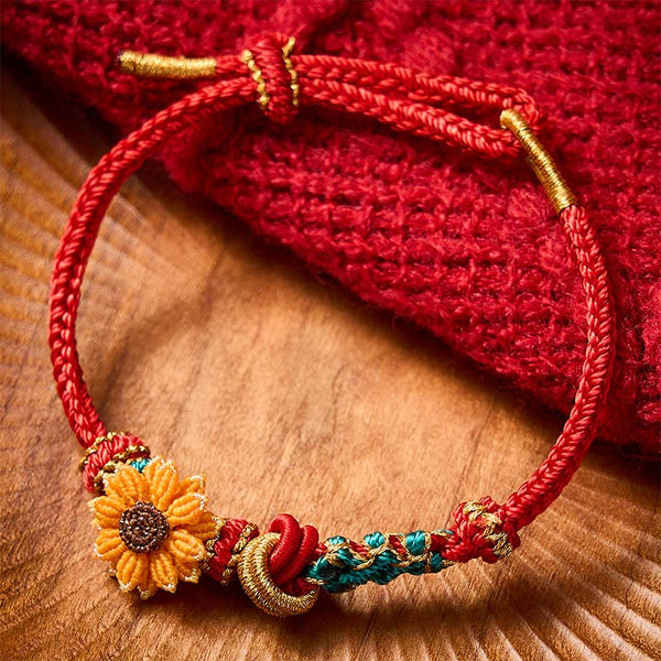 Buddha Stones Hand-Woven Red String Peach Blossom Sunflower Luck Bracelet