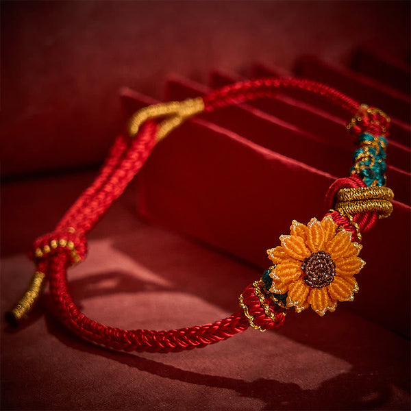 Buddha Stones Hand-Woven Red String Peach Blossom Sunflower Luck Bracelet