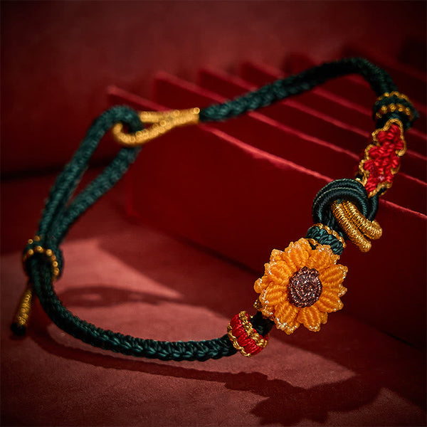 Buddha Stones Hand-Woven Red String Peach Blossom Sunflower Luck Bracelet