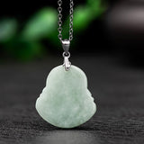 Buddha Stones Laughing Buddha Jade Blessing Titanium Steel Chain Necklace Pendant