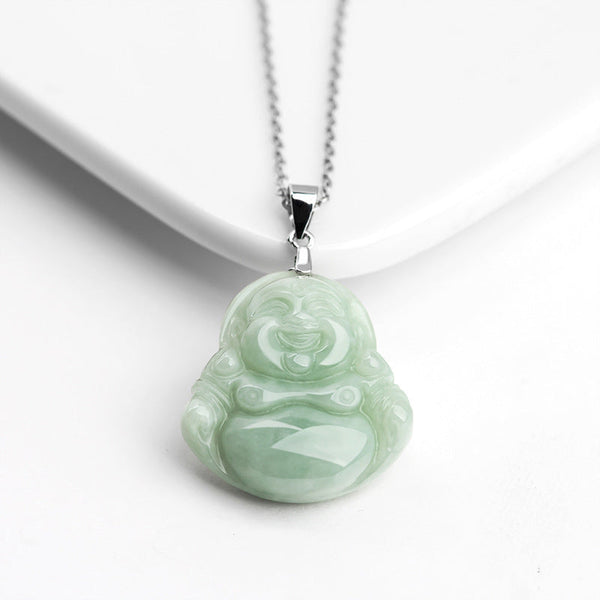 Buddha Stones Laughing Buddha Jade Blessing Titanium Steel Chain Necklace Pendant