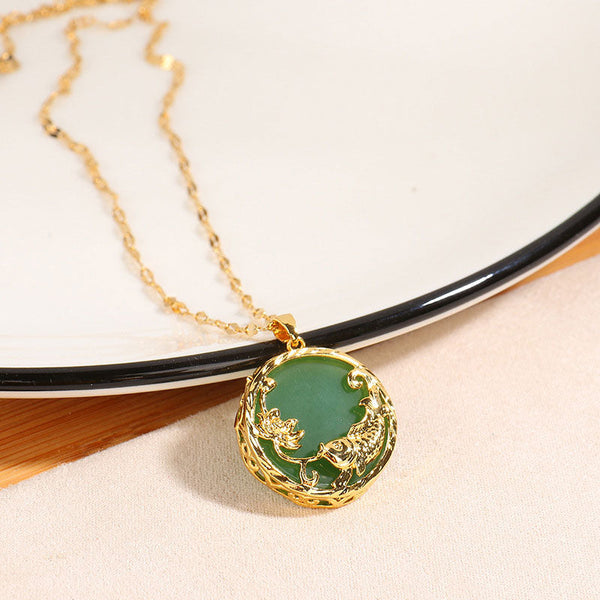 Buddha Stones Natural Jade Koi Fish Lotus Luck Necklace Pendant