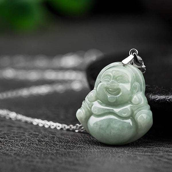 Buddha Stones Laughing Buddha Jade Blessing Titanium Steel Chain Necklace Pendant