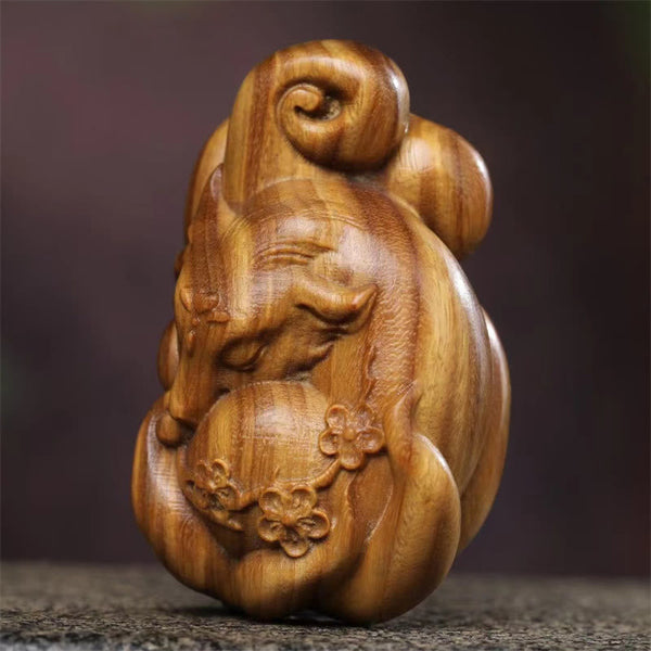 Buddha Stones Mini Nine Tailed Fox Green Sandalwood Peace Decoration Car Hanging Decoration