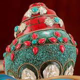 Tibetan Handmade Shankha Om Mani Padme Hum Buddha Avalokitesvara Turquoise Conch Shell Positive Decoration