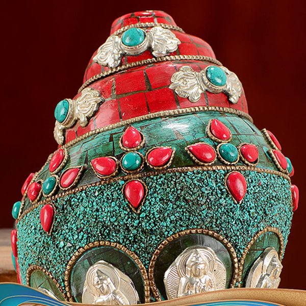 Tibetan Handmade Shankha Om Mani Padme Hum Buddha Avalokitesvara Turquoise Conch Shell Positive Decoration