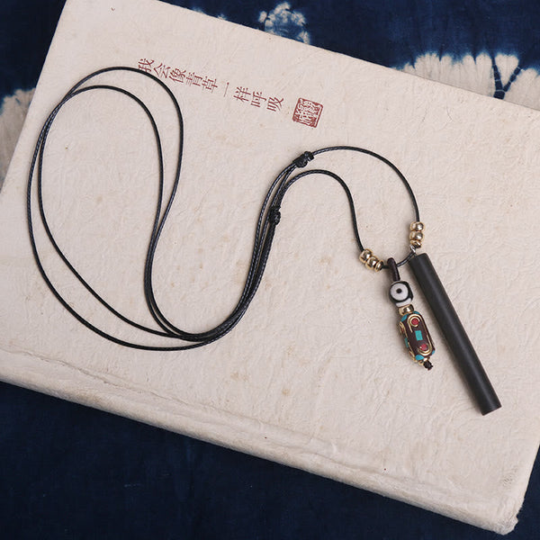 Buddha Stones Tibetan Ebony Wood Dzi Bead Peace Calm Necklace Pendant