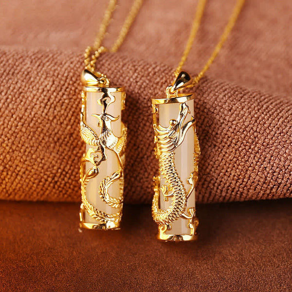 Buddha Stones Jade Dragon Phoenix Copper Blessing Harmony Necklace Pendant