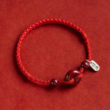 Buddha Stones Handmade Cinnabar Peace Buckle Safe and Healthy Charm Blessing String Bracelet Anklet