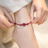 Buddha Stones Handmade Cinnabar Peace Buckle Safe and Healthy Charm Blessing String Bracelet Anklet
