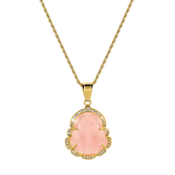Buddha Stones 18K Gold Filled Laughing Buddha Jade Luck Necklace Chain Pendant