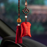 Buddha Stones Tibetan Small Leaf Red Sandalwood Lotus Cinnabar Sachet Protection Tassel Car Hanging Decoration