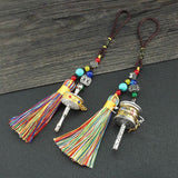Buddha Stones Tibet Om Mani Padme Hum Prayer Wheel Tassel Bag Car Hanging Decoration