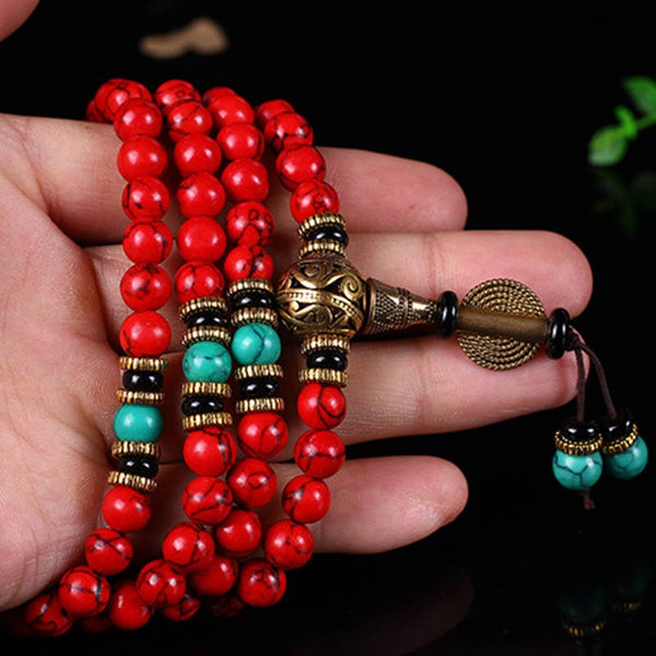 Buddha Stones Tibetan Mala Red Turquoise Lucky Necklace Bracelet