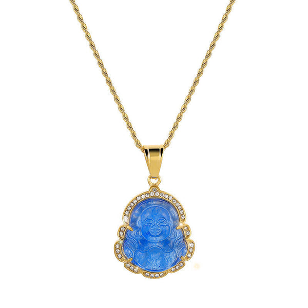 Buddha Stones 18K Gold Filled Laughing Buddha Jade Luck Necklace Chain Pendant