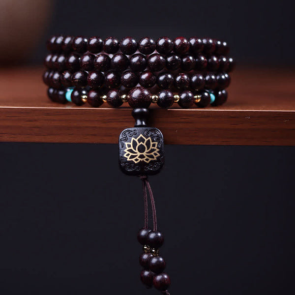 Buddha Stones 108 Mala Beads Tibetan Small Leaf Red Sandalwood Lotus Balance Bracelet