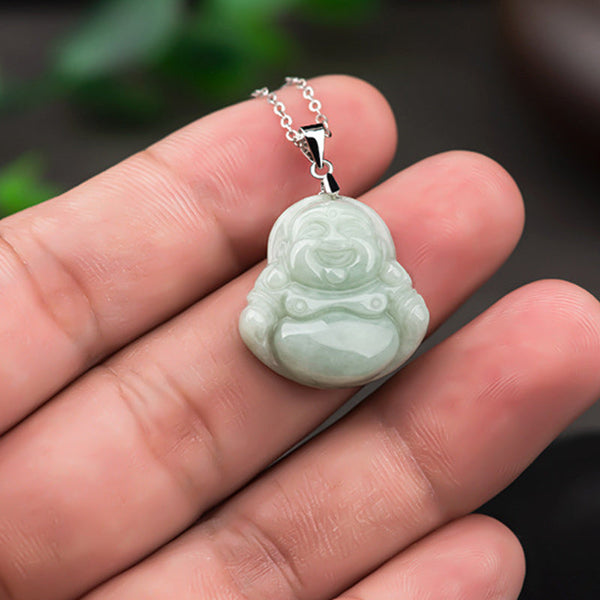Buddha Stones Laughing Buddha Jade Blessing Titanium Steel Chain Necklace Pendant