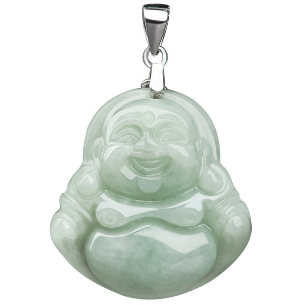 Buddha Stones Laughing Buddha Jade Blessing Titanium Steel Chain Necklace Pendant